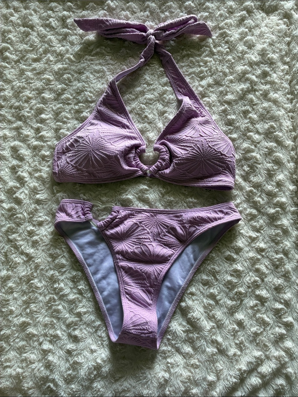SHEIN Lilac Textured Halter Bikini Set with Ring Cutout